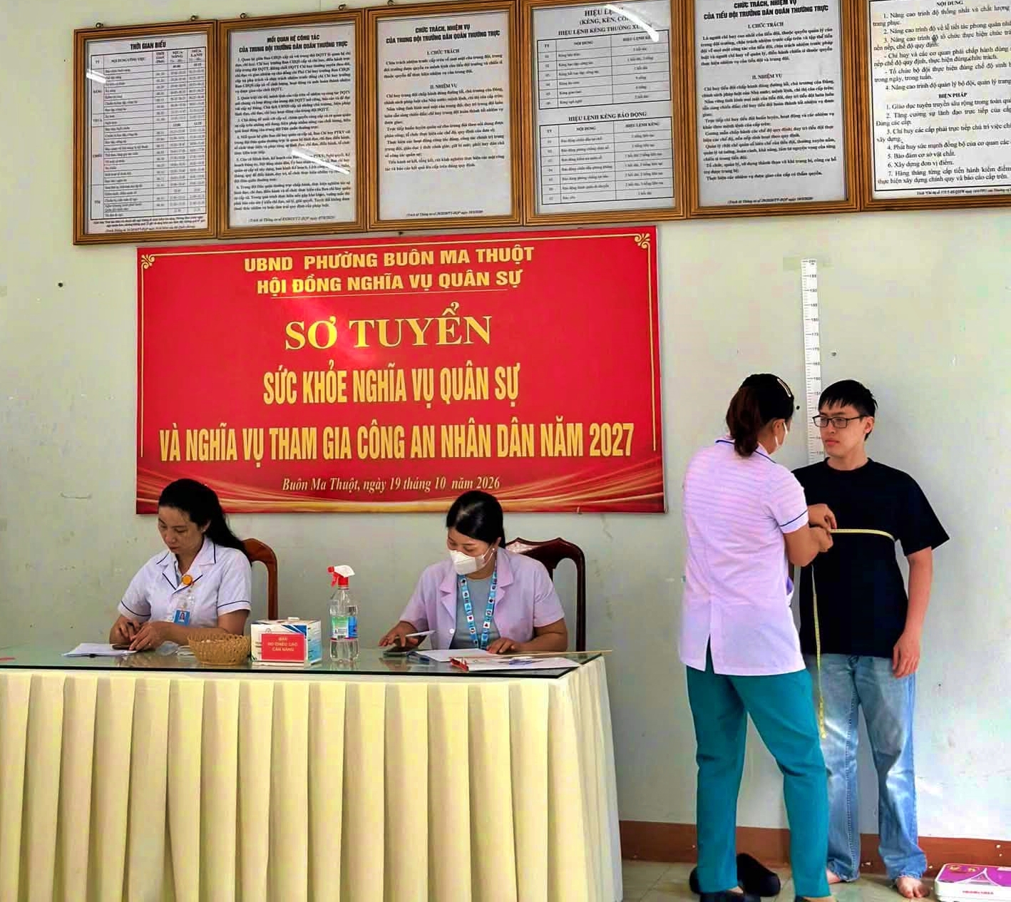 Phường Buôn Ma Thuột: Đẩy mạnh tiến độ sơ tuyển sức khỏe nghĩa vụ quân sự năm 2027, đến 22/10 đã hoàn thành khám cho 320 công dân