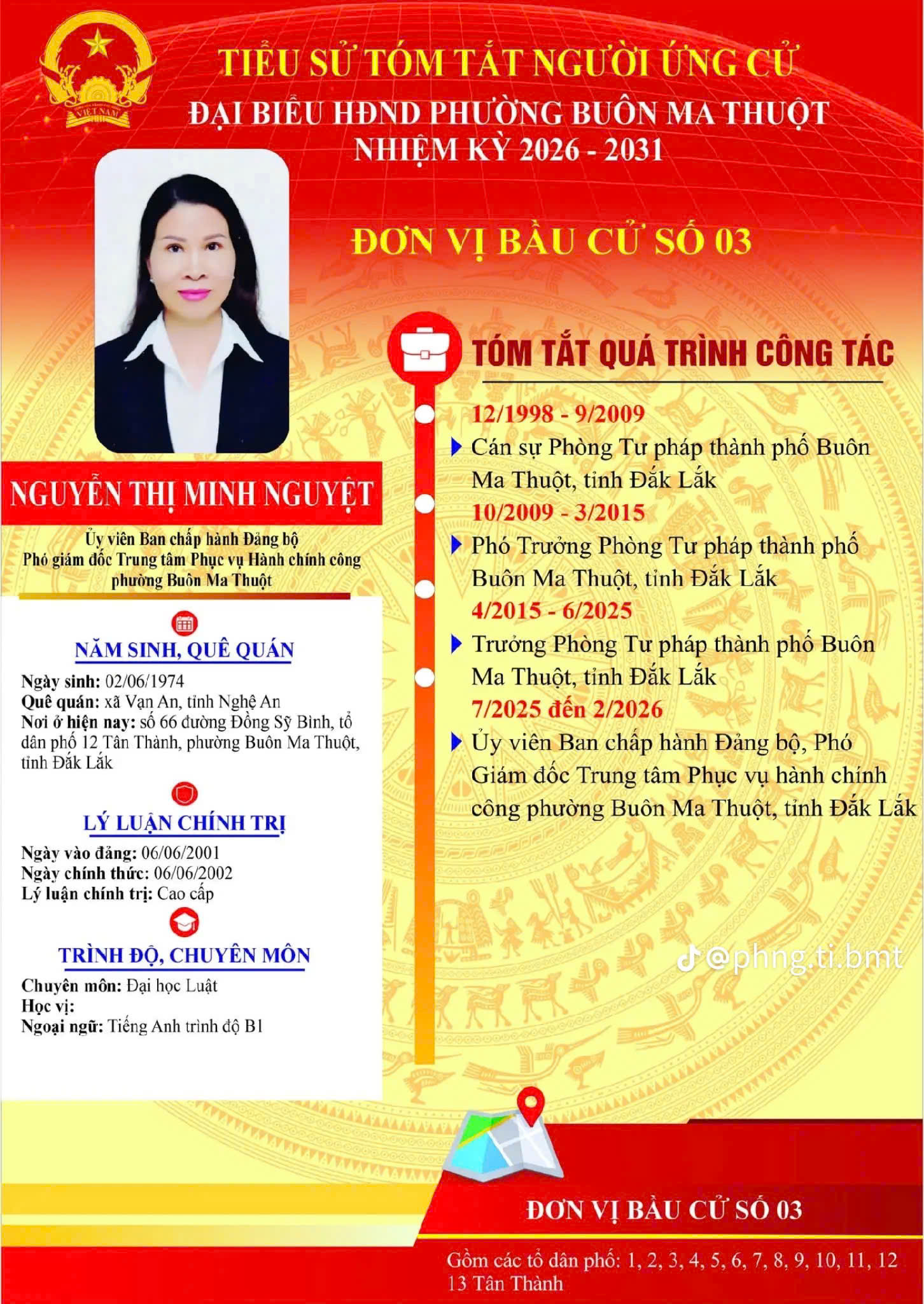 TIỂU SỬ TÓM TẮT CỦA NGƯỜI ỨNG CỬ ĐẠI BIỂU HỘI ĐỒNG NHÂN DÂN PHƯỜNG BUÔN MA THUỘT NHIỆM KỲ 2026-2031 ( Bà Nguyễn Thị Minh Nguyệt, Ủy viên Ban chấp hành Đảng bộ, Phó Giám đốc Trung tâm phục vụ hành chính công)